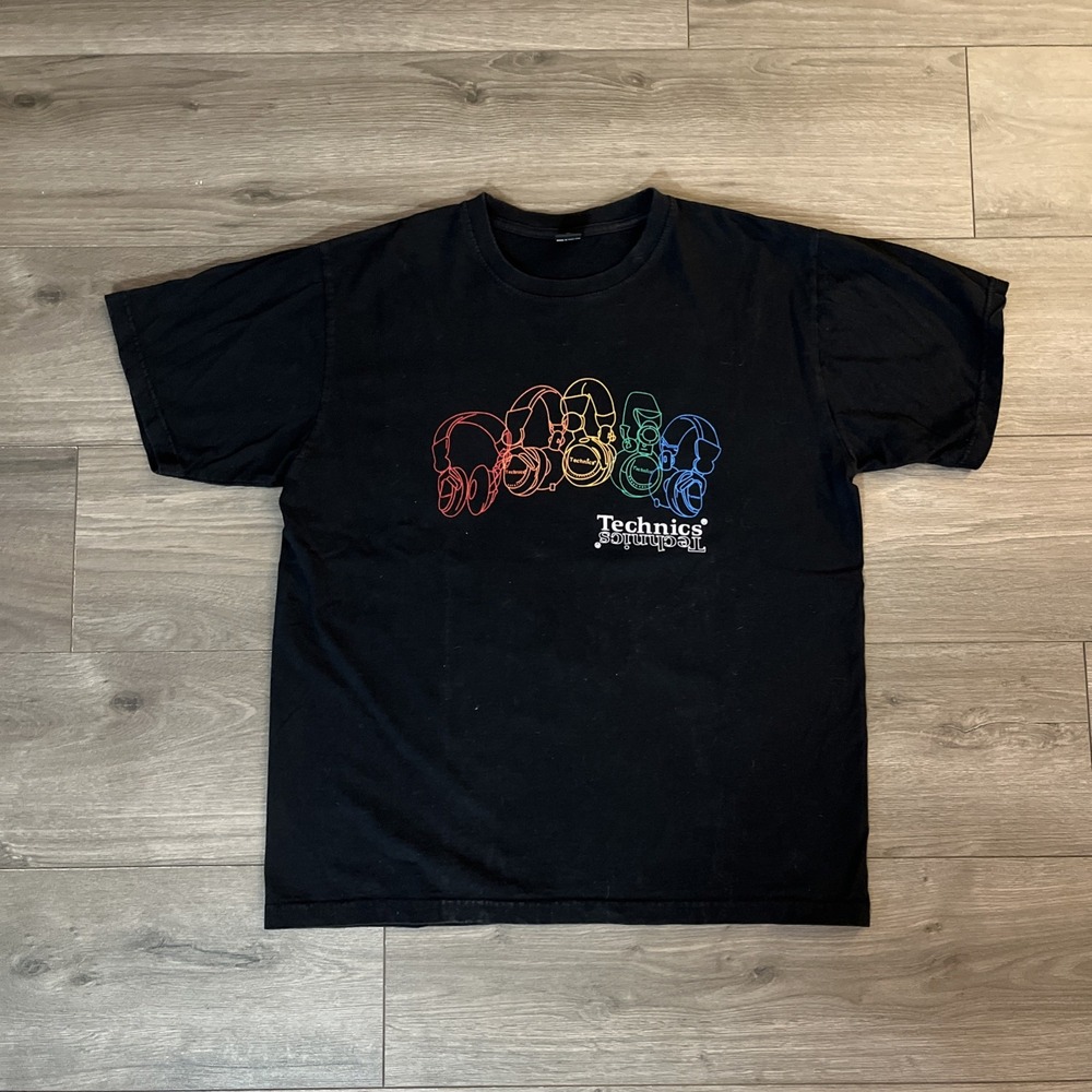 Technics Turntable Headphones T Shirt Mens L Black Multicolor Graphic